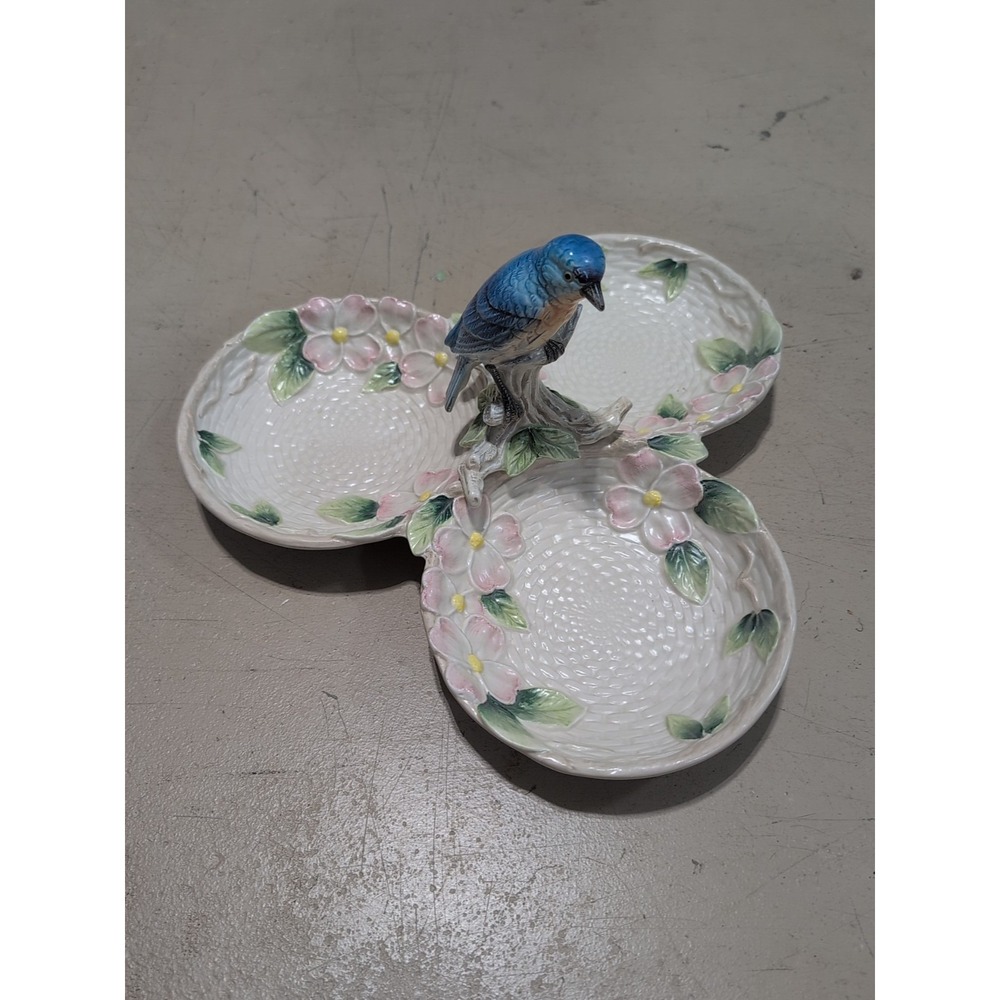 1990 Fitz & Floyd Bluebird Dogwood Flower Woven Design 3 Dish Serving Tray 12"